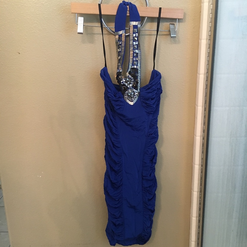 Halter Blue Bebe Dress with Silver Beads